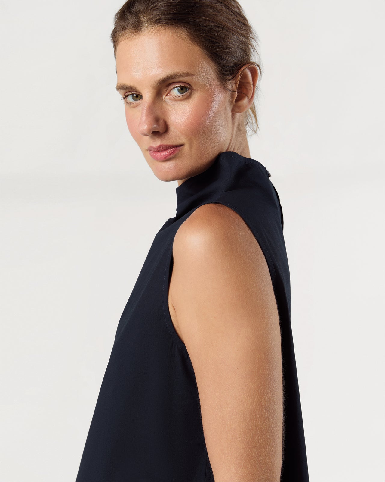 Funnel-Neck Top in Navy Paperweight Stretch Poplin