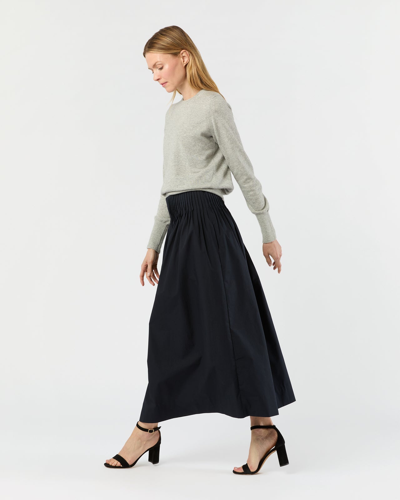 Adah Pintuck Skirt in Navy Paperweight Stretch Poplin