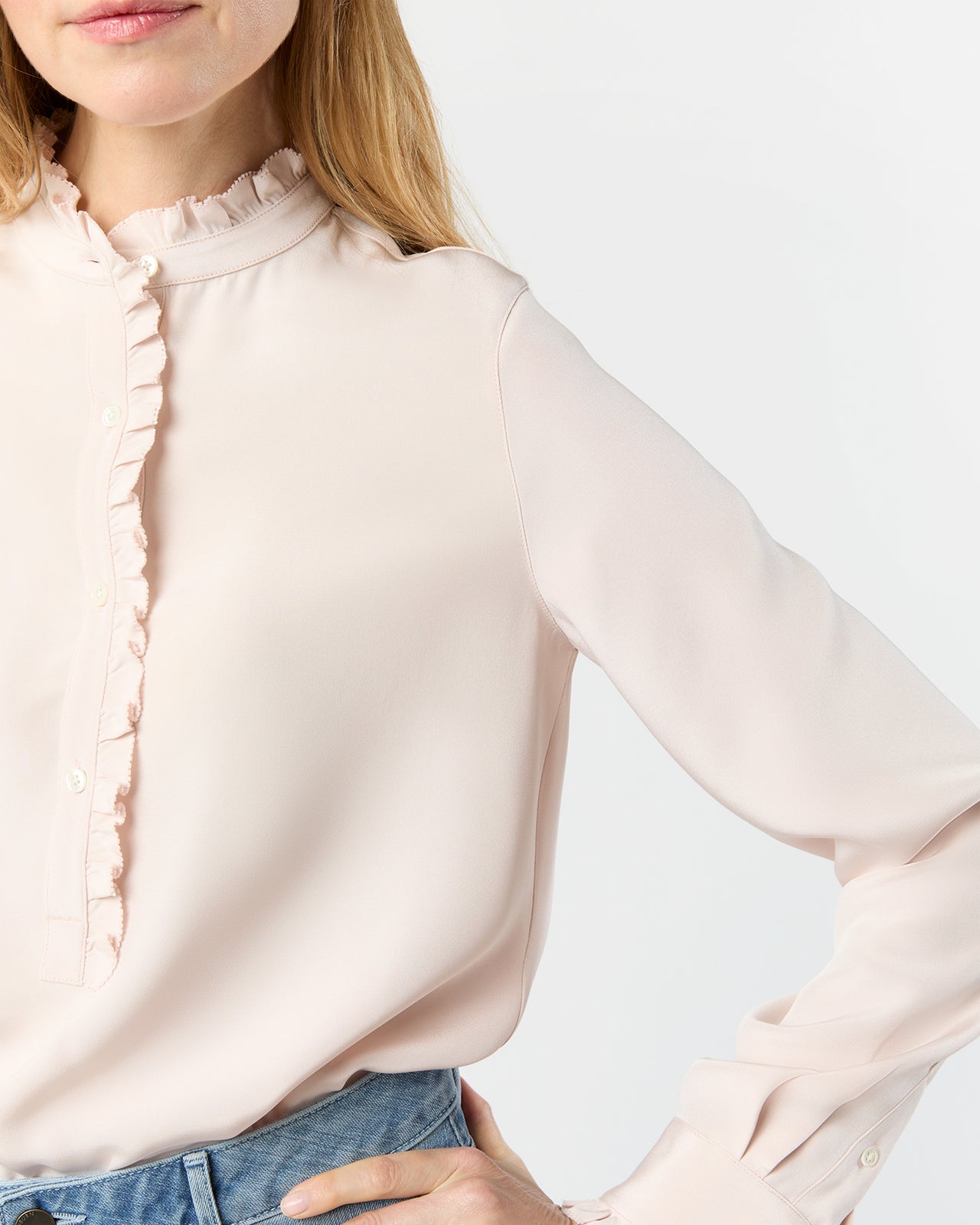 Frill Blouse in Pale Pink Silk Crepe de Chine