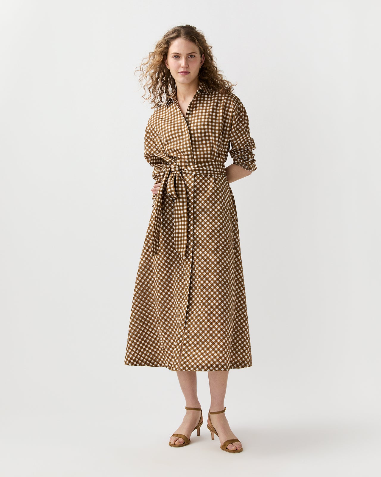 Charlie Shirtwaist Dress in Tobacco/Ivory Gingham Crinkle Cotton