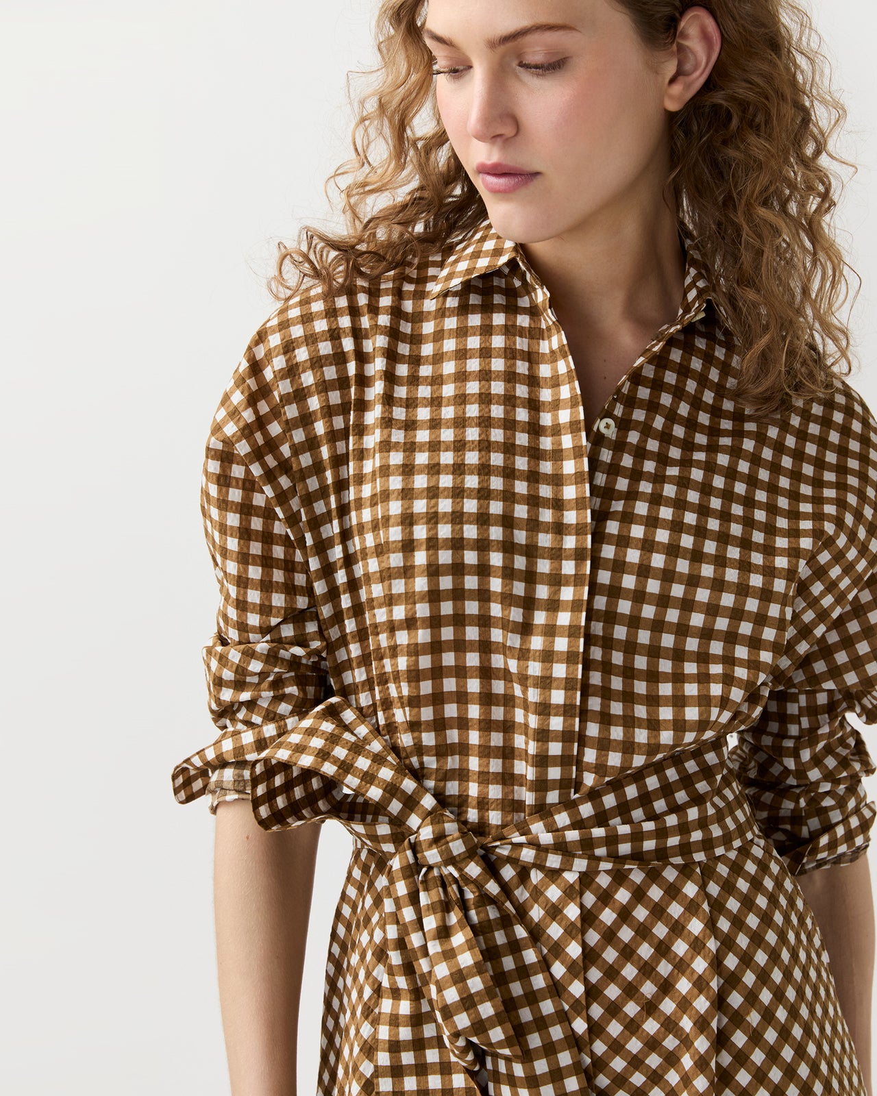 Charlie Shirtwaist Dress in Tobacco/Ivory Gingham Crinkle Cotton
