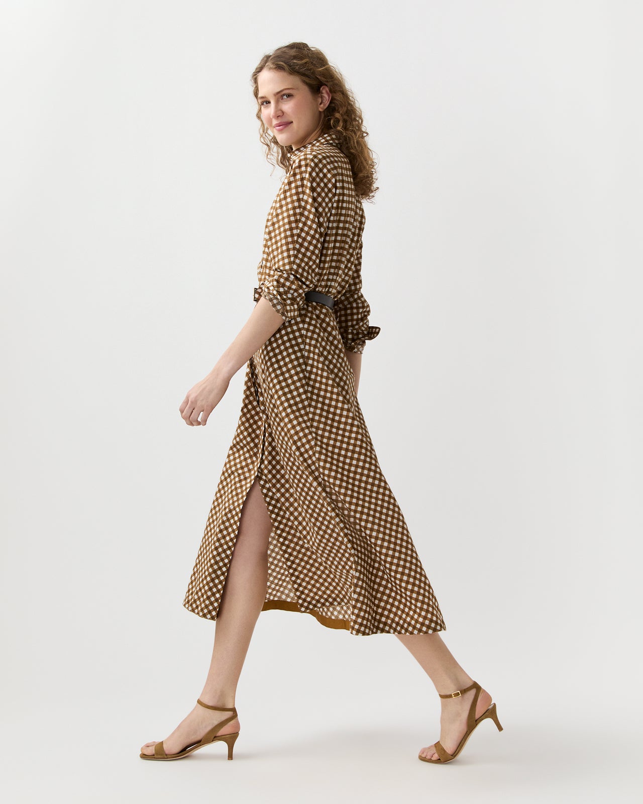 Charlie Shirtwaist Dress in Tobacco/Ivory Gingham Crinkle Cotton