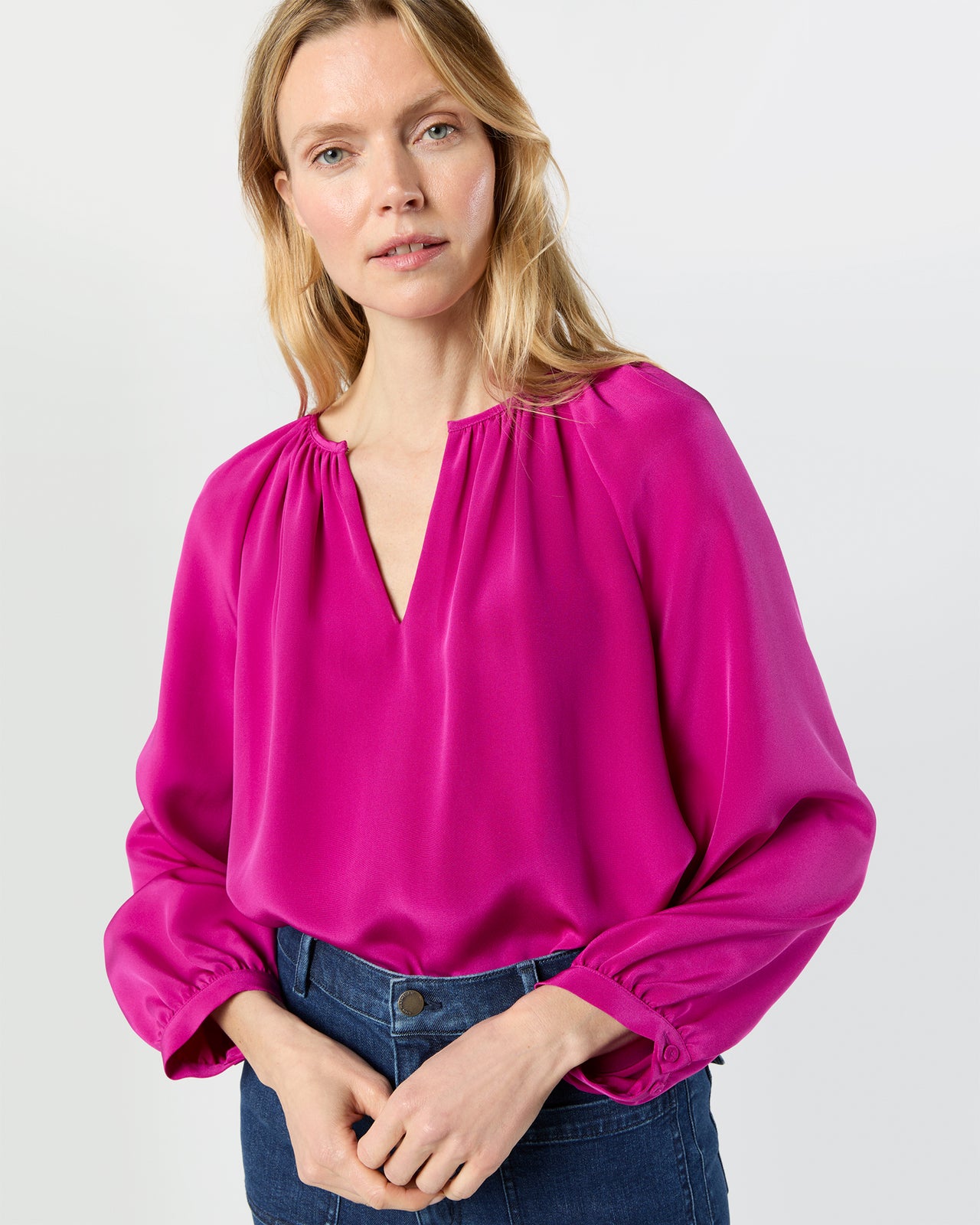 Ariana Blouse in Magenta Silk Crepe de Chine