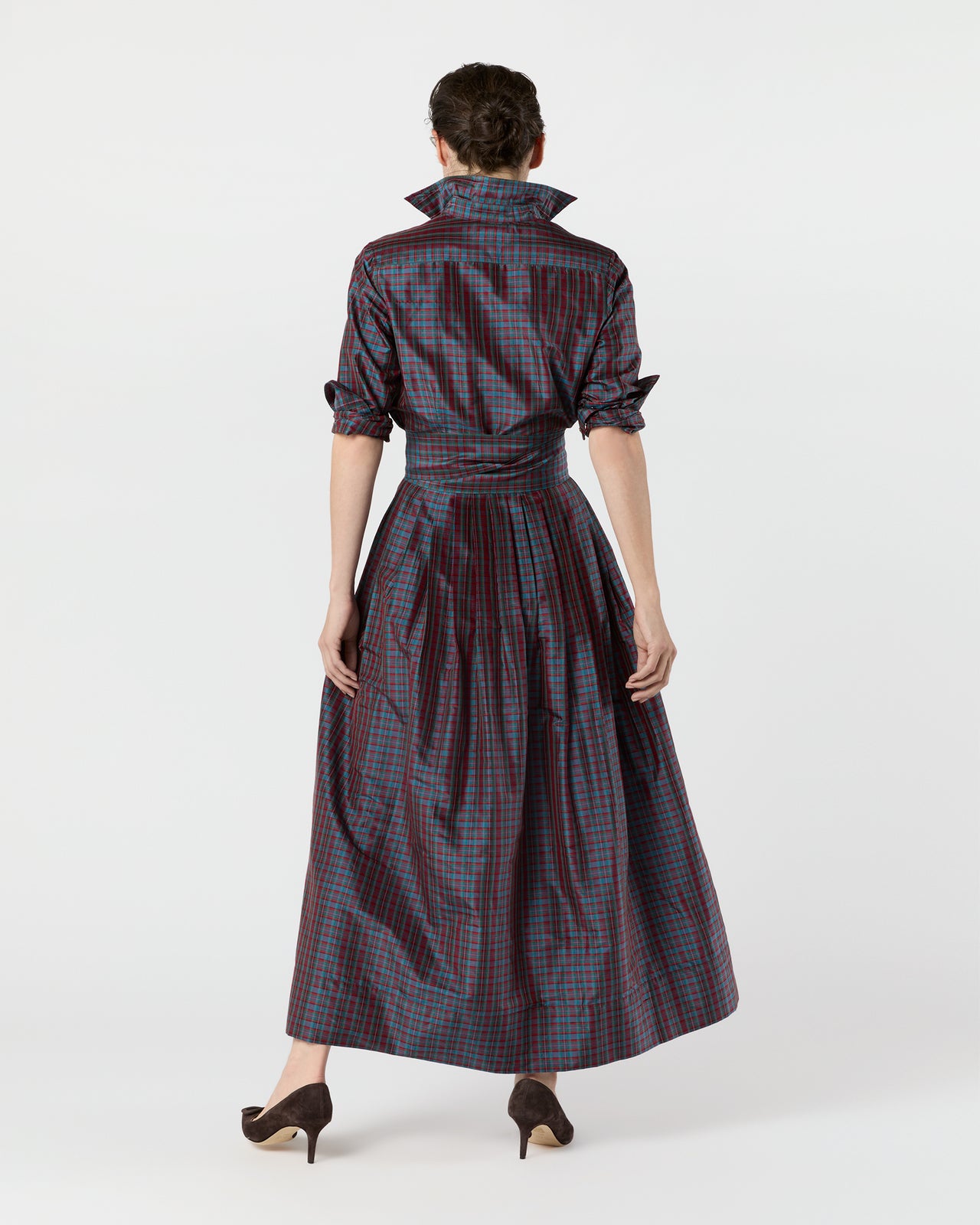 Classic Shirtwaist Maxi Dress in Mini Macbeth Tartan Iridescent Silk Shantung