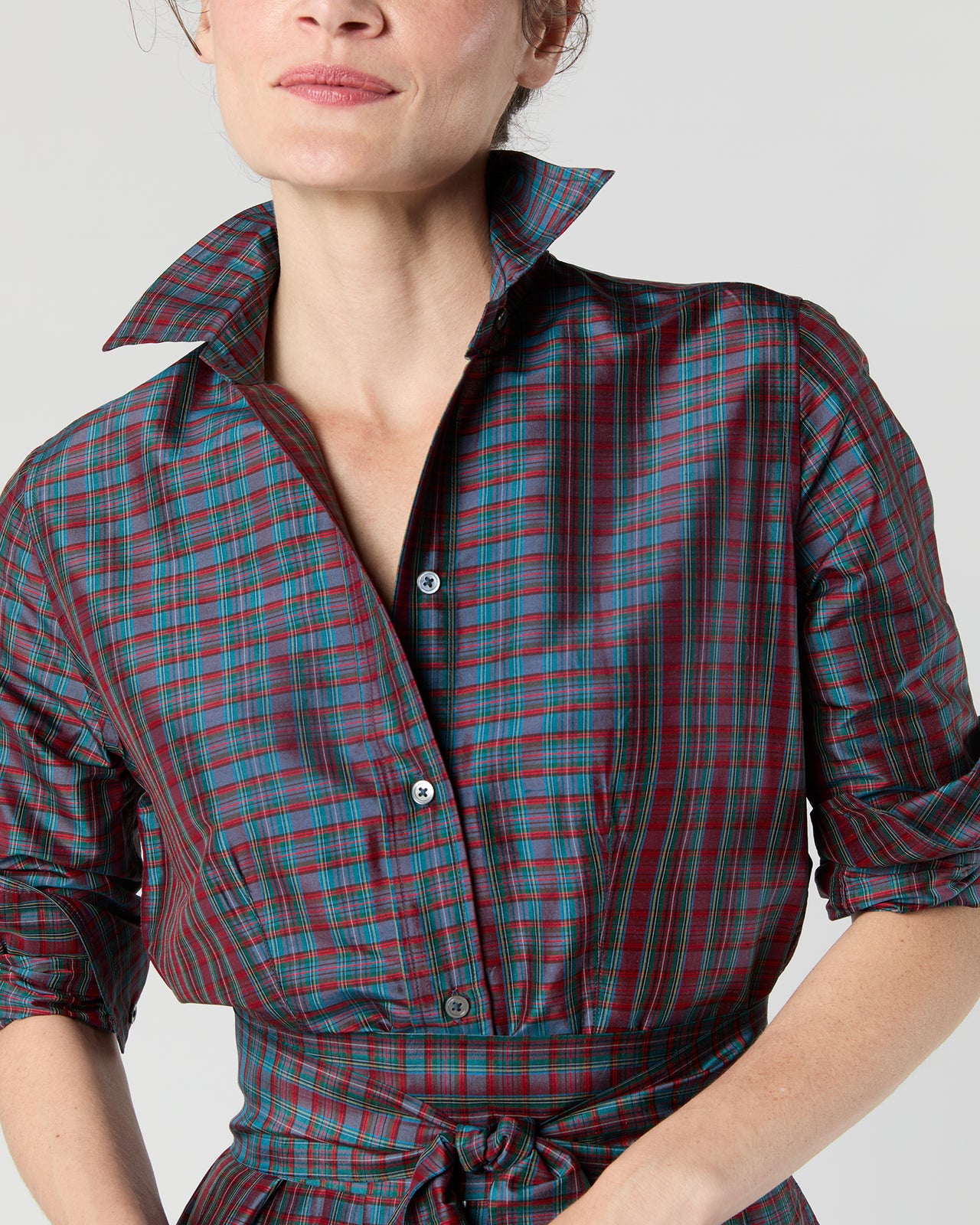 Classic Shirtwaist Maxi Dress in Mini Macbeth Tartan Iridescent Silk Shantung
