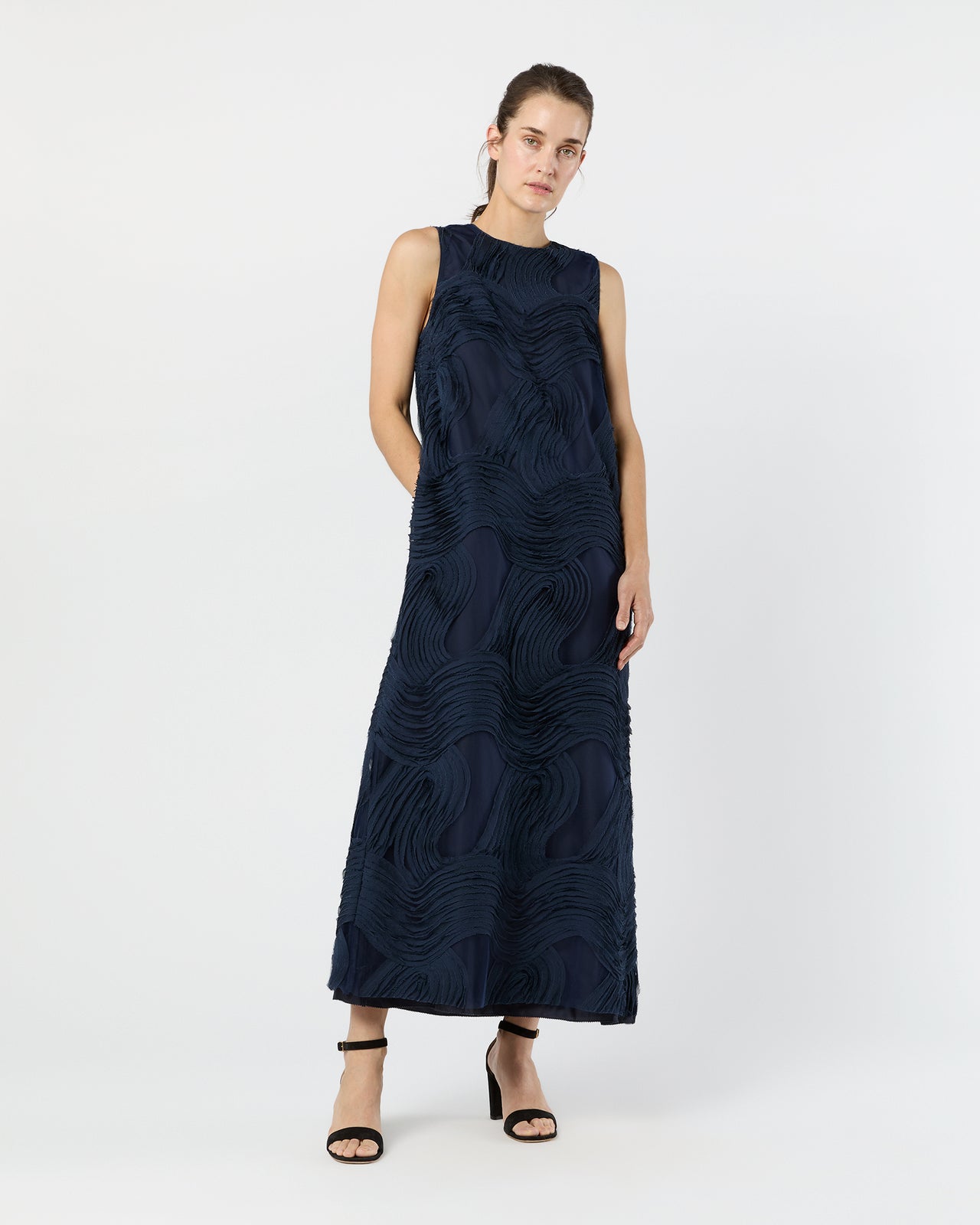 Susy Shift Maxi Dress in Navy Ribbon Embroidery
