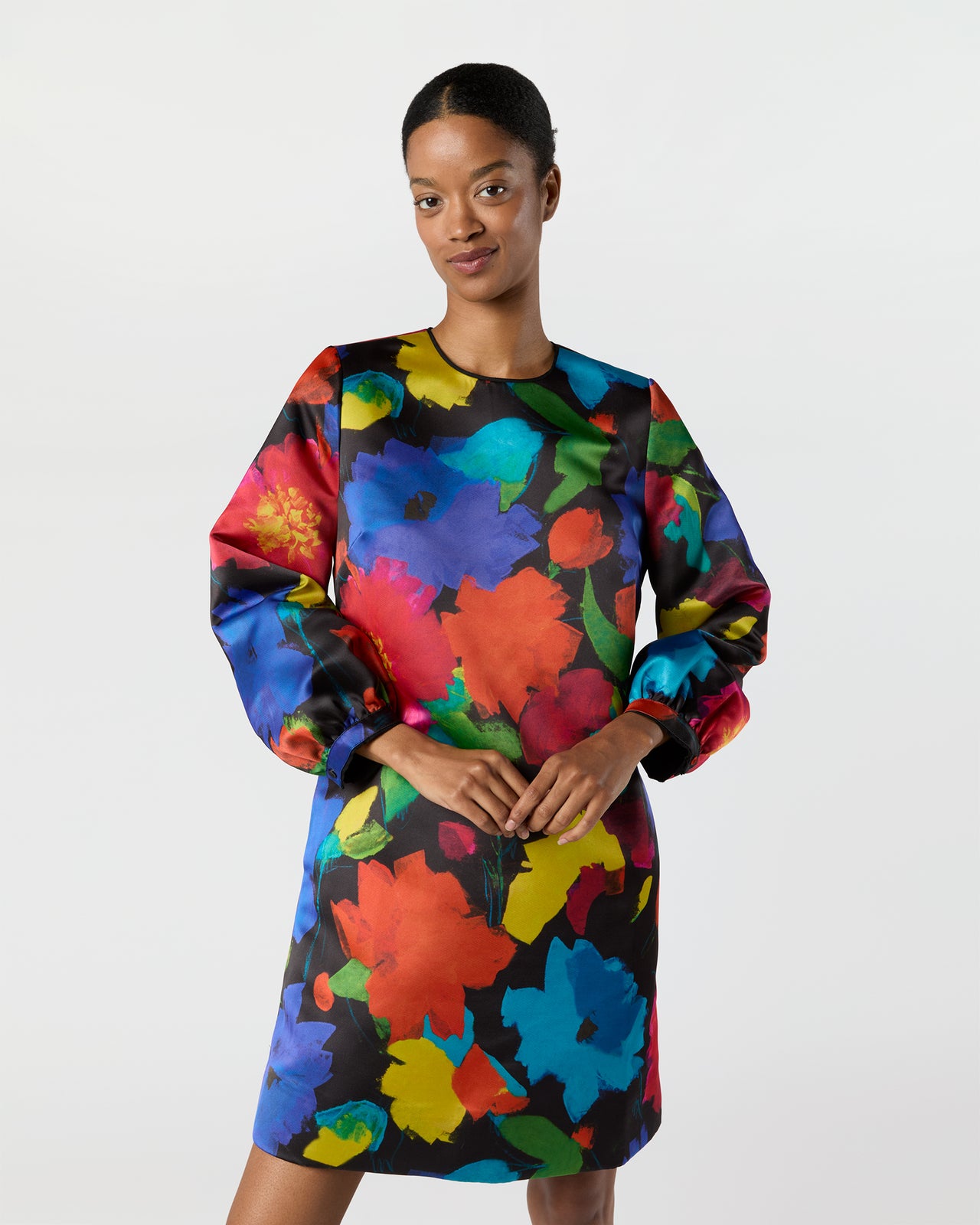 Lulu Dress in Black/Multi Floral Mikado