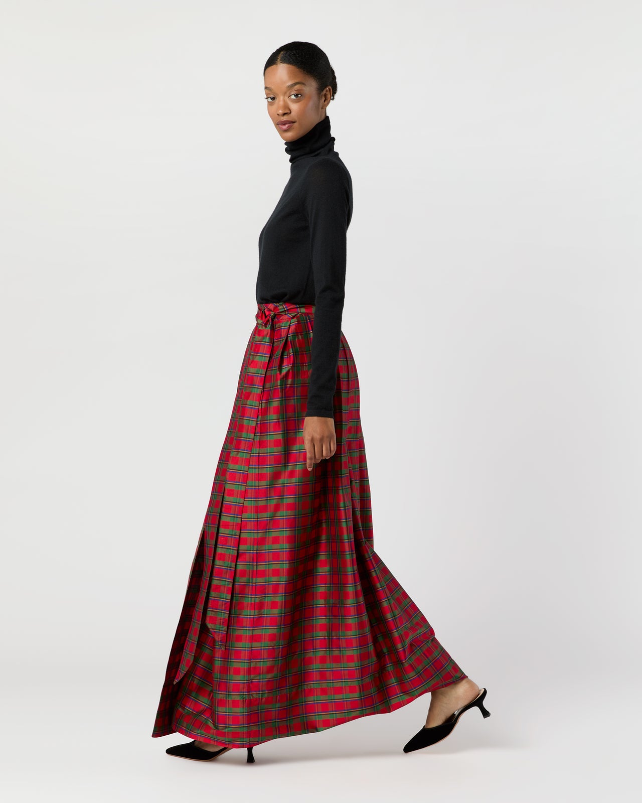 Pleated Wrap Skirt in Red Holiday Tartan Silk Shantung