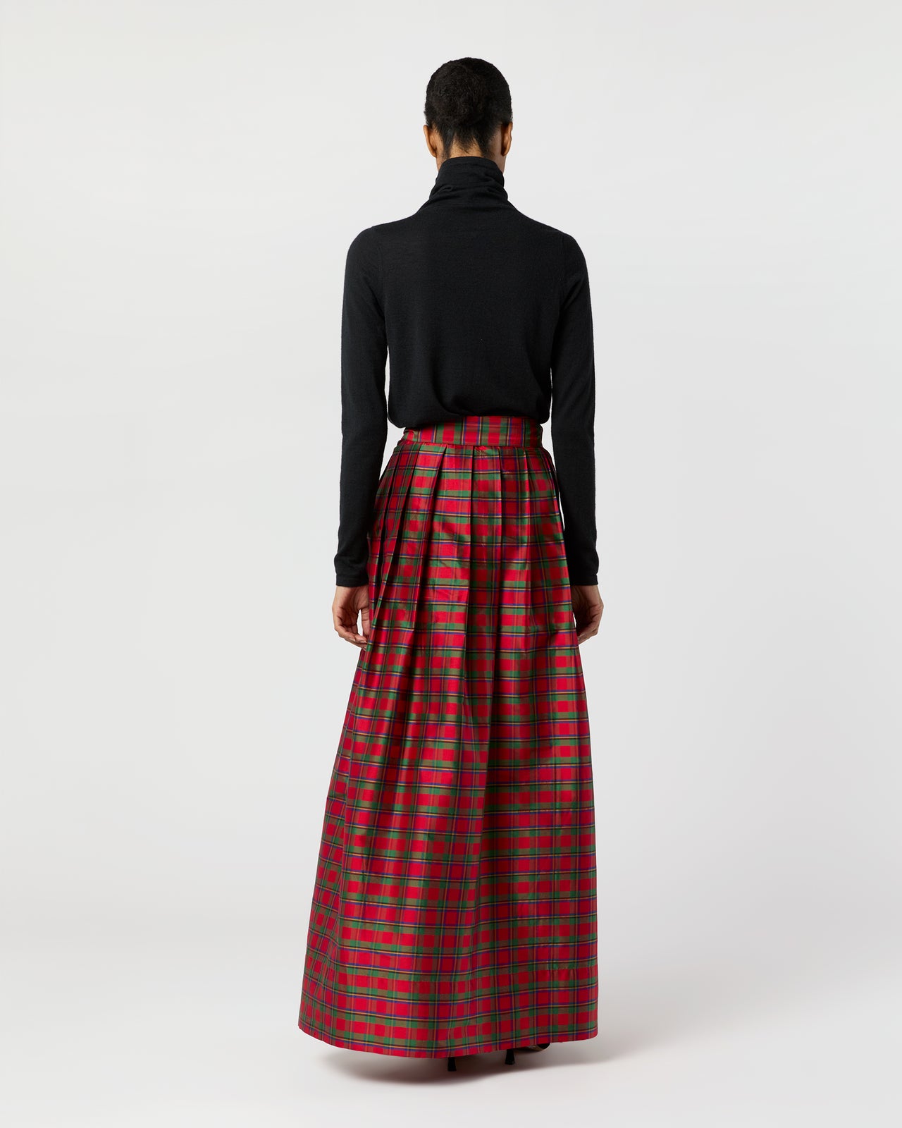 Pleated Wrap Skirt in Red Holiday Tartan Silk Shantung
