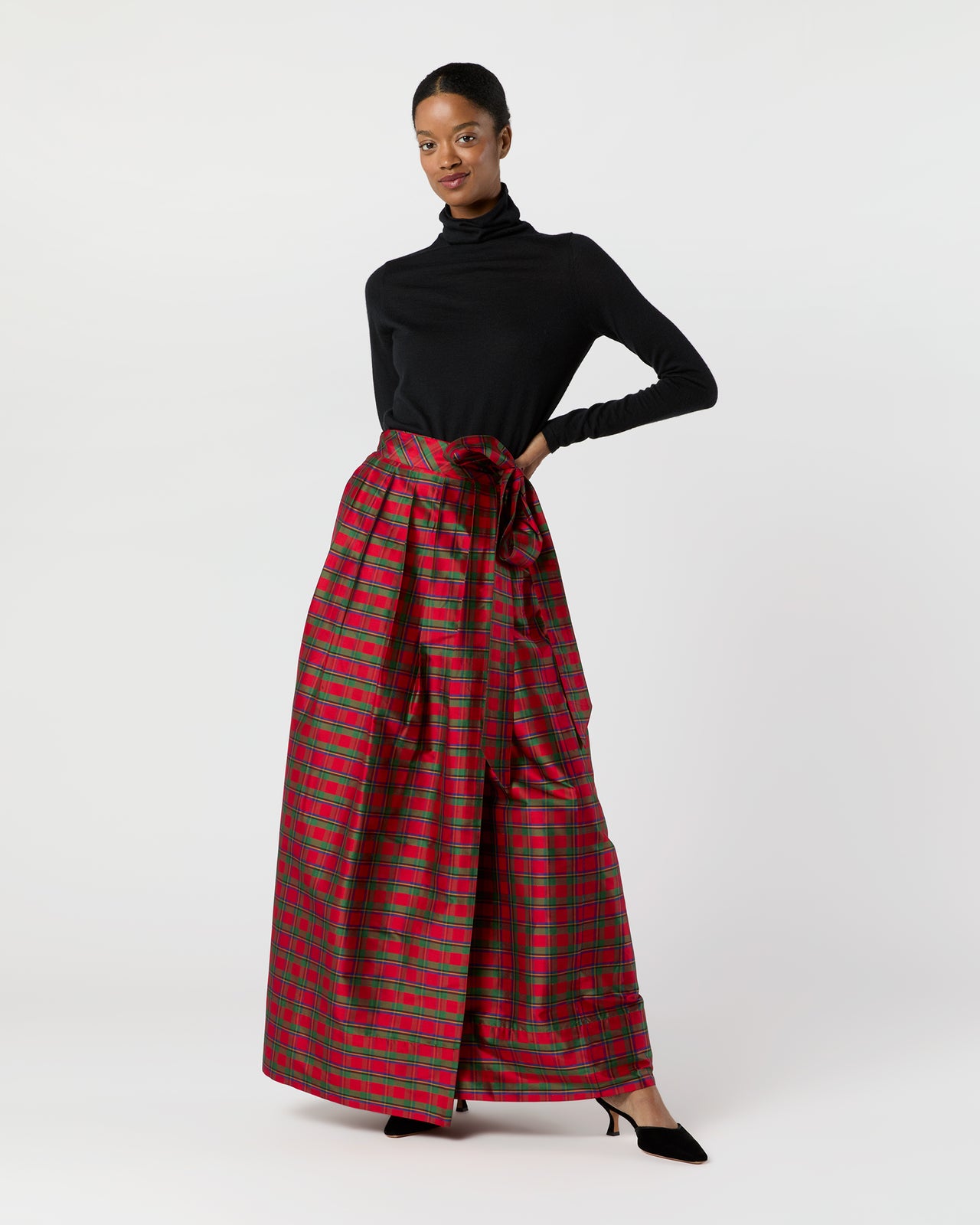 Pleated Wrap Skirt in Red Holiday Tartan Silk Shantung