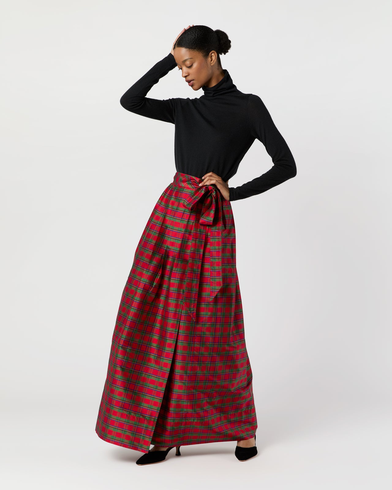 Pleated Wrap Skirt in Red Holiday Tartan Silk Shantung