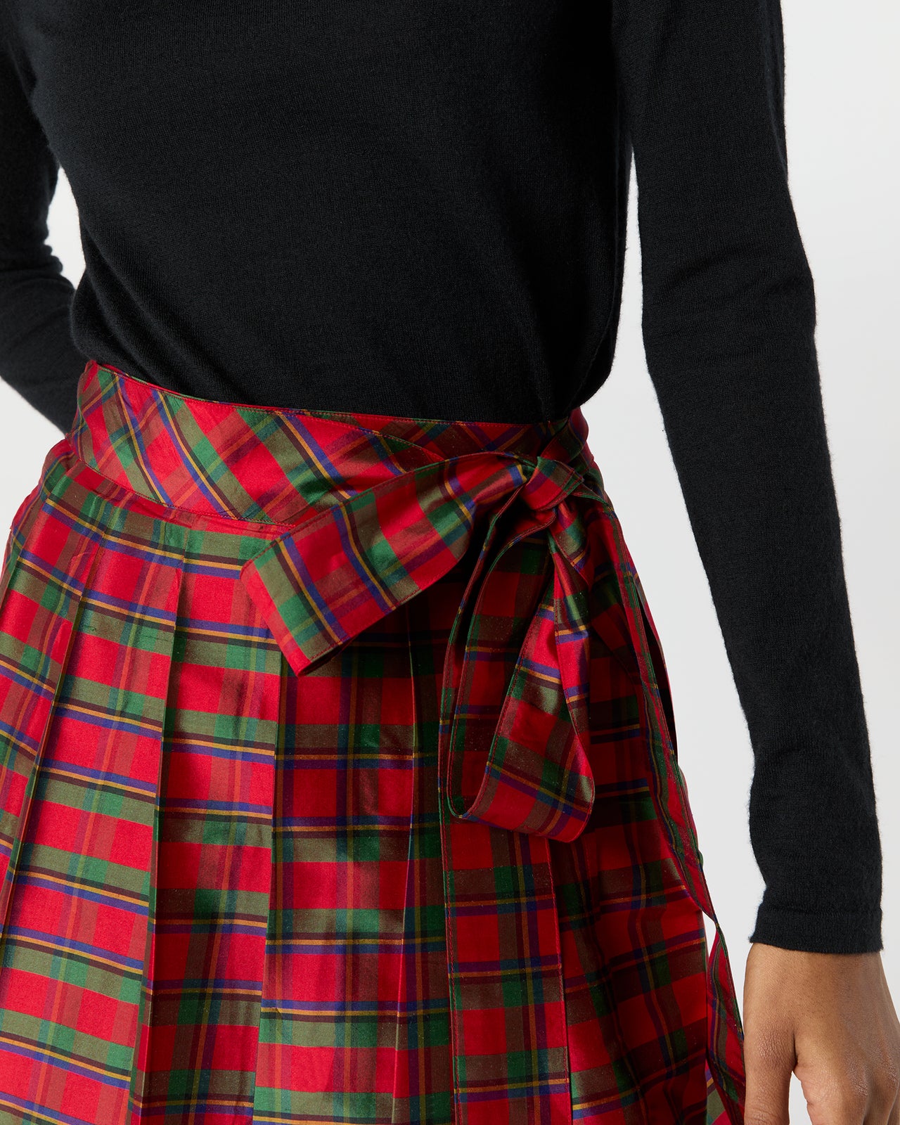 Pleated Wrap Skirt in Red Holiday Tartan Silk Shantung