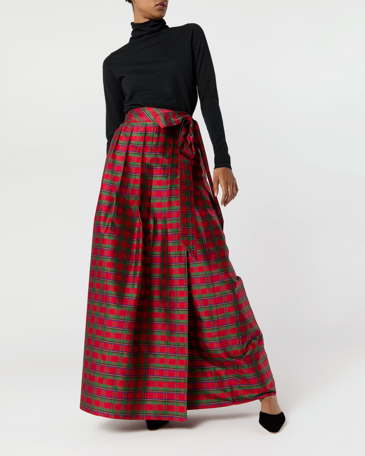 Pleated Wrap Skirt in Red Holiday Tartan Silk Shantung