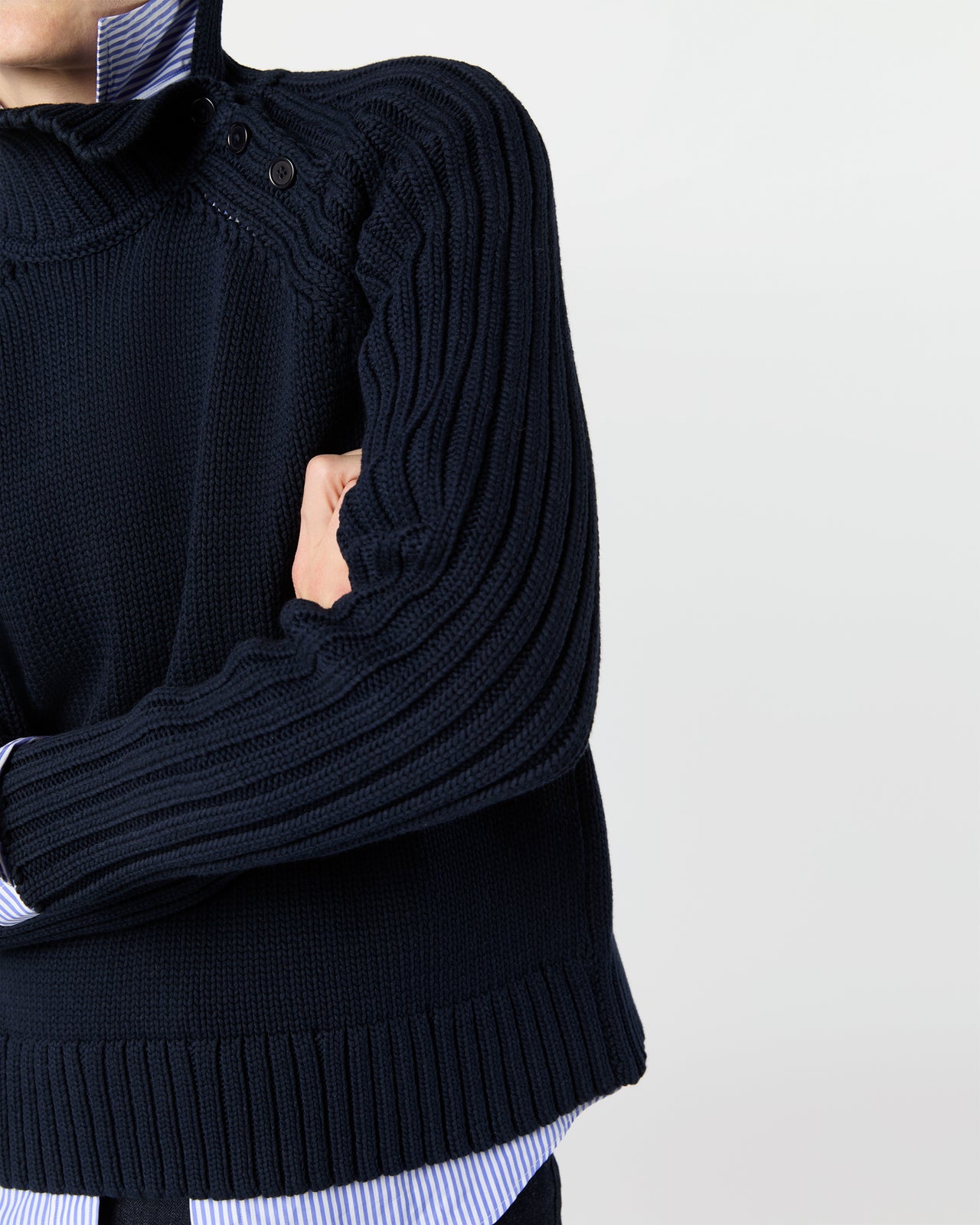 Ines Side Funnel-Neck Sweater in Navy Cotton Tape Yarn