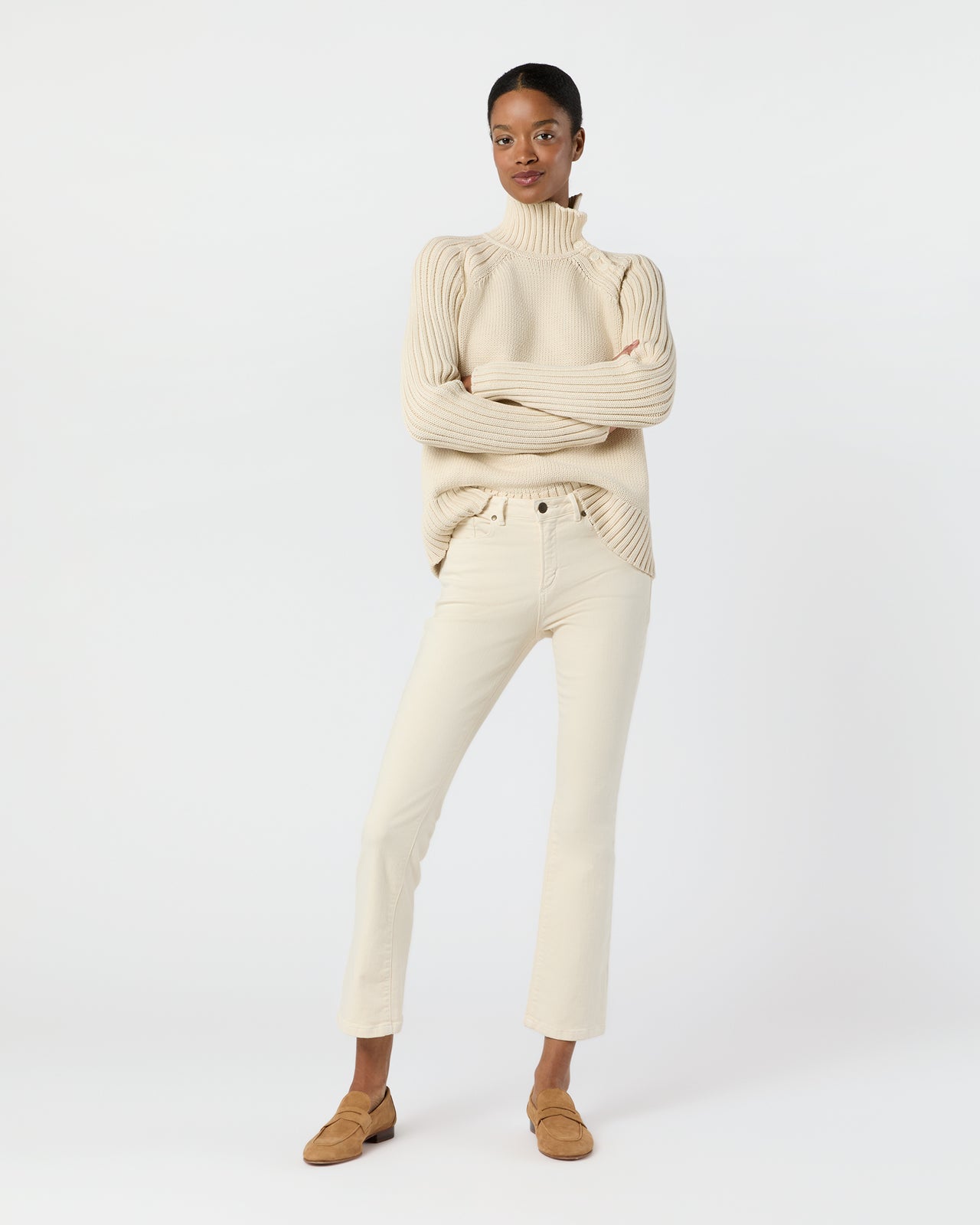 Ines Side Funnel-Neck Sweater in Cream Cotton Tape Yarn