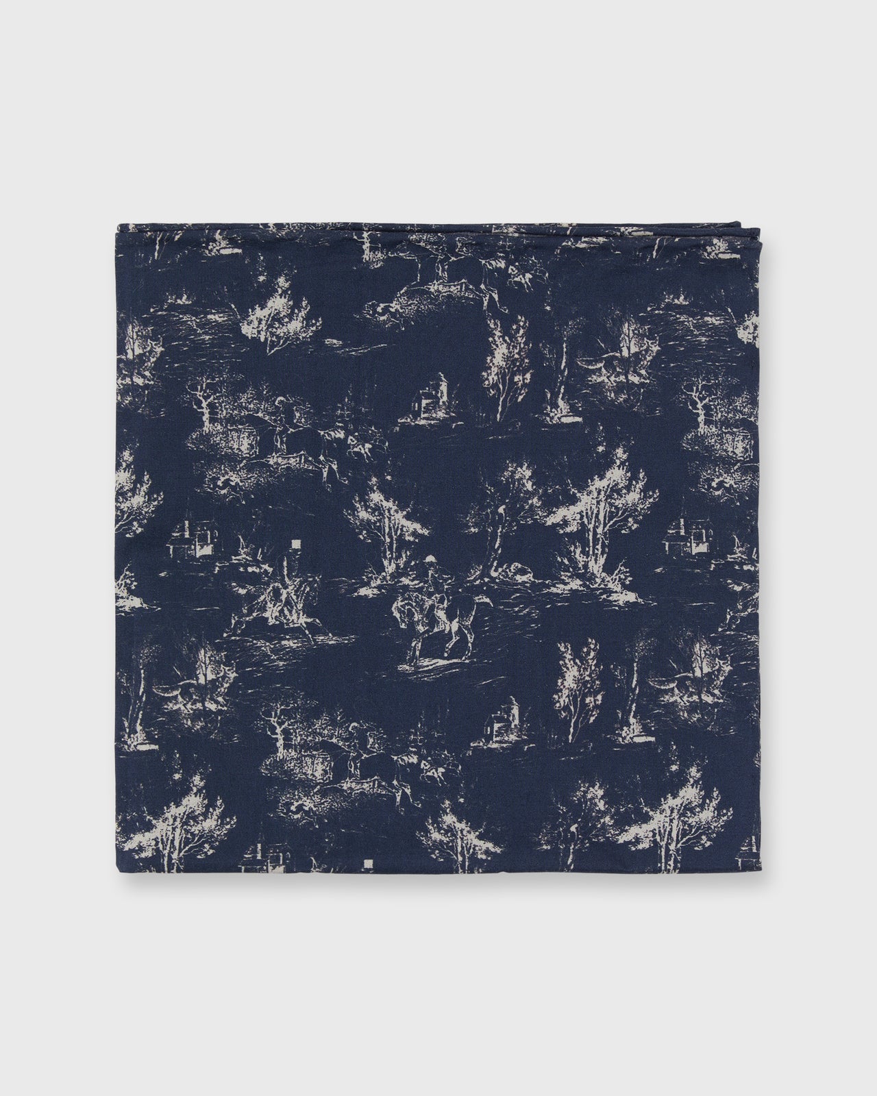 Hand-Rolled Cotton Print Pocket Square in Navy/Bone Country Print Poplin