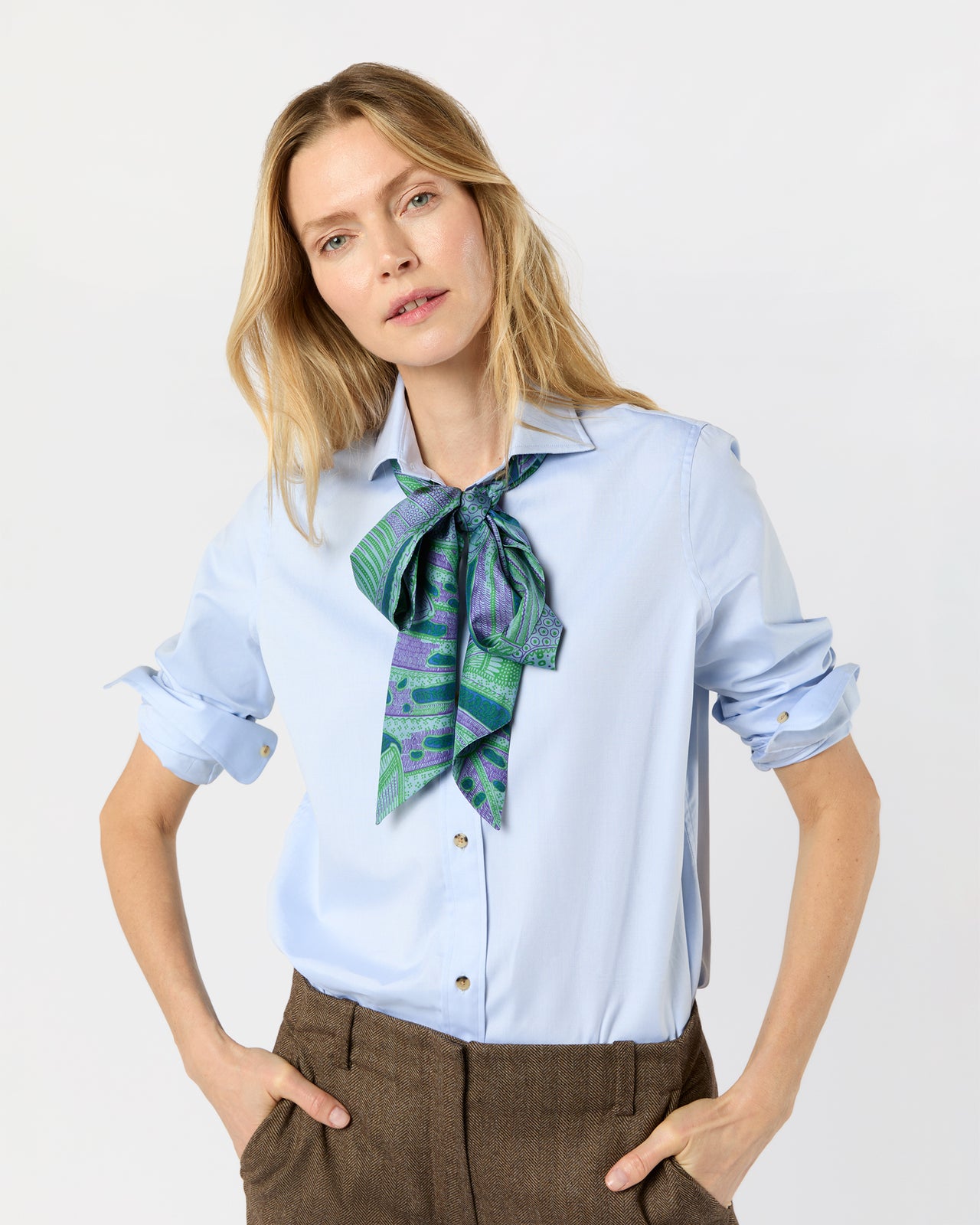 Silk Tied Up Scarf in Purple/Green Butterfly Block Print Silk Twill