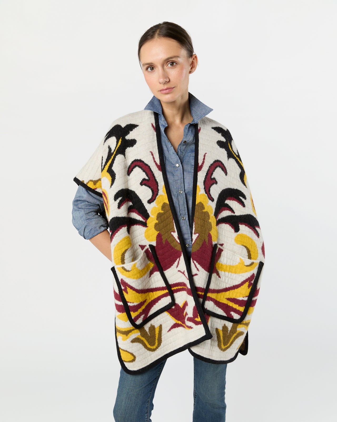 In My Power Knit Scarf Cape in Ecru/Green/Black Wool Blend