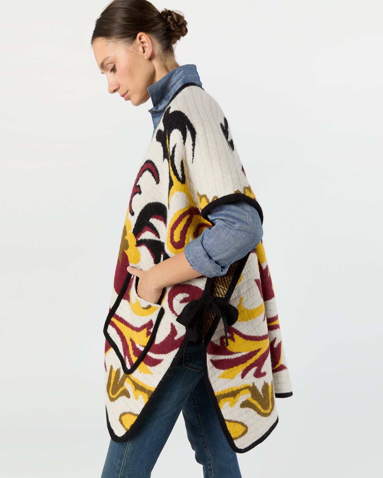 In My Power Knit Scarf Cape in Ecru/Green/Black Wool Blend