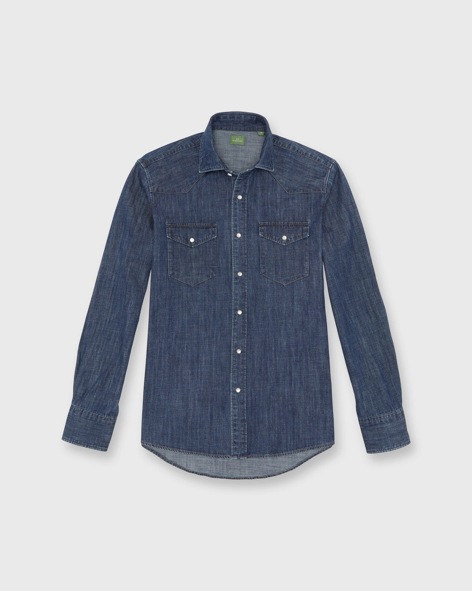 Western Work Shirt in Medium Wash Indigo Lightweight Denim