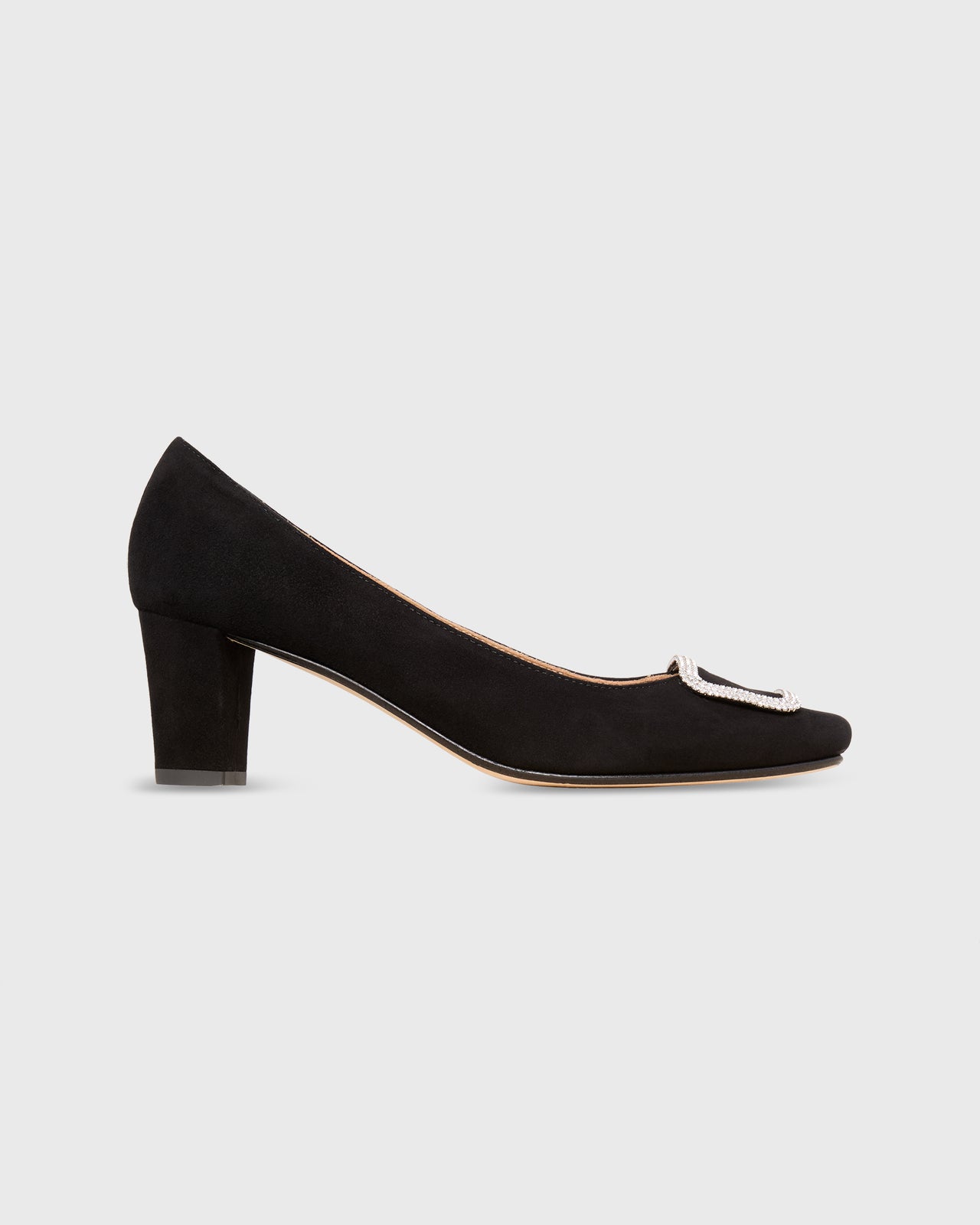 Embellished Buckle Heel in Black Suede