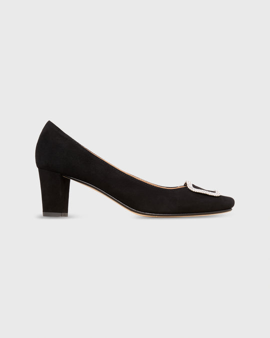 Embellished Buckle Heel in Black Suede