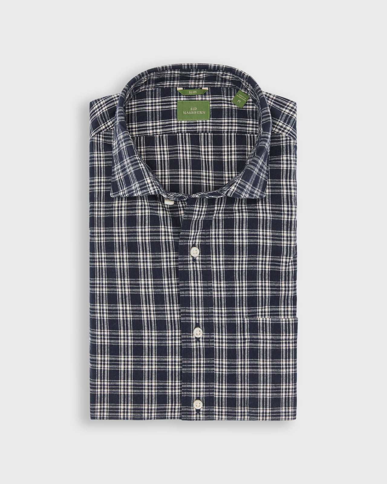 Slim-Fit Spread Collar Sport Shirt in Navy/White Plaid Brushed Plainweave