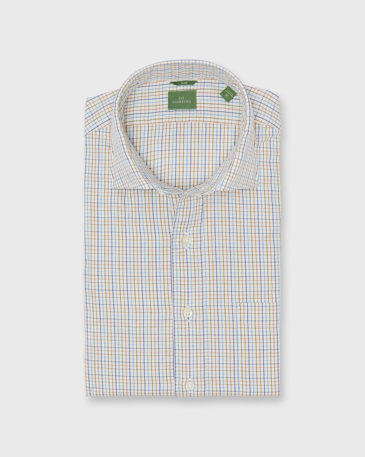 Slim-Fit Spread Collar Sport Shirt in Olive/Ochre/Blue Tattersall Twill