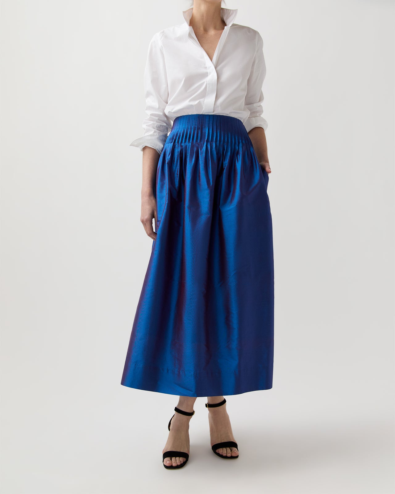Adah Pintuck Skirt in Wave Iridescent Silk Shantung