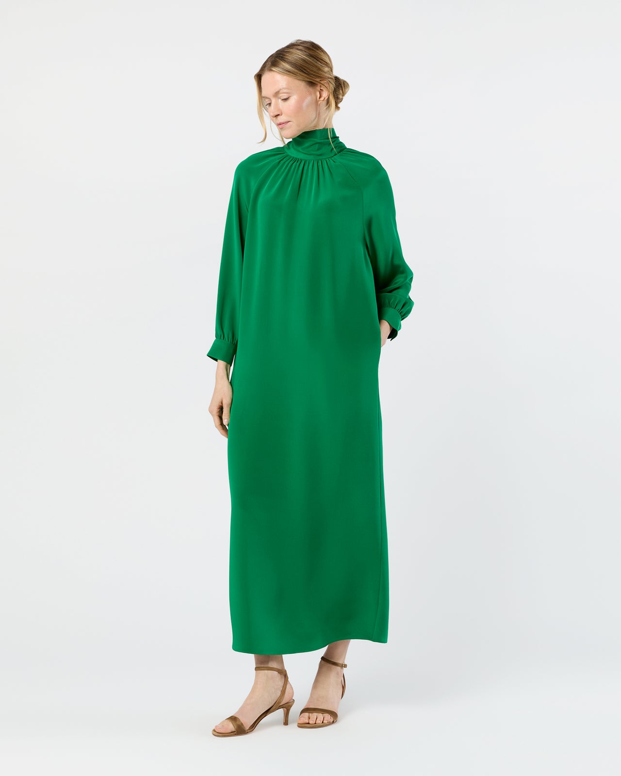 Maggie Maxi Dress in Green Silk Crepe de Chine