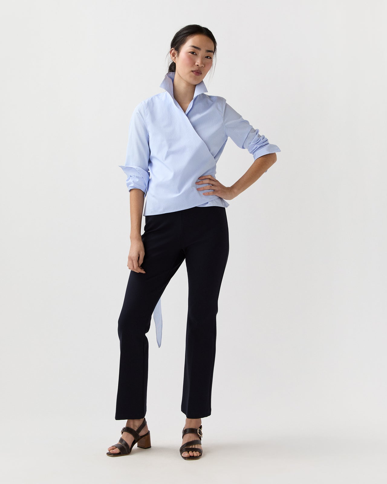 Hilary Wrap Top in Sky Small Bengal Stripe Poplin