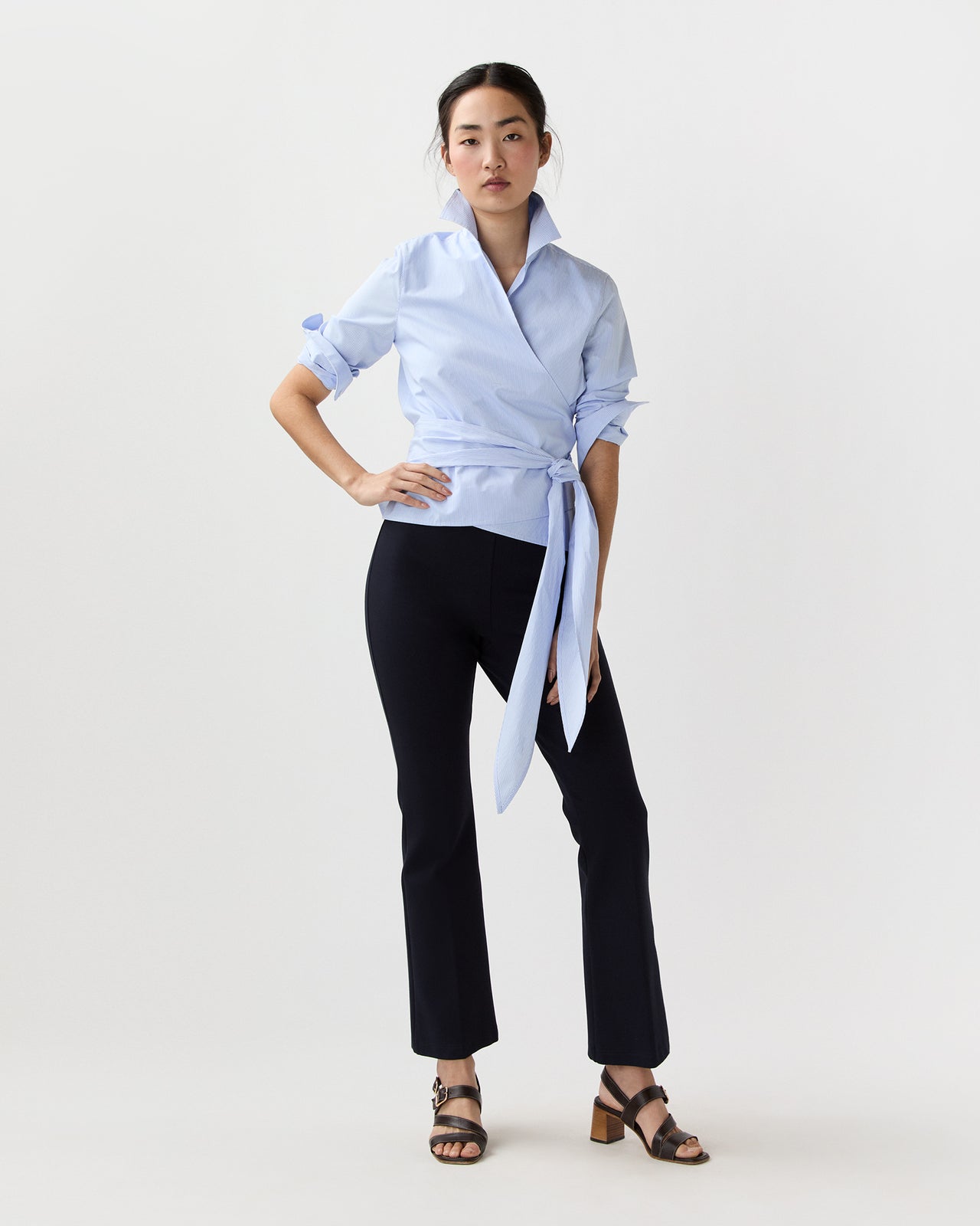 Hilary Wrap Top in Sky Small Bengal Stripe Poplin