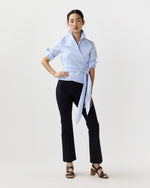 Load image into Gallery viewer, Hilary Wrap Top in Sky Small Bengal Stripe Poplin
