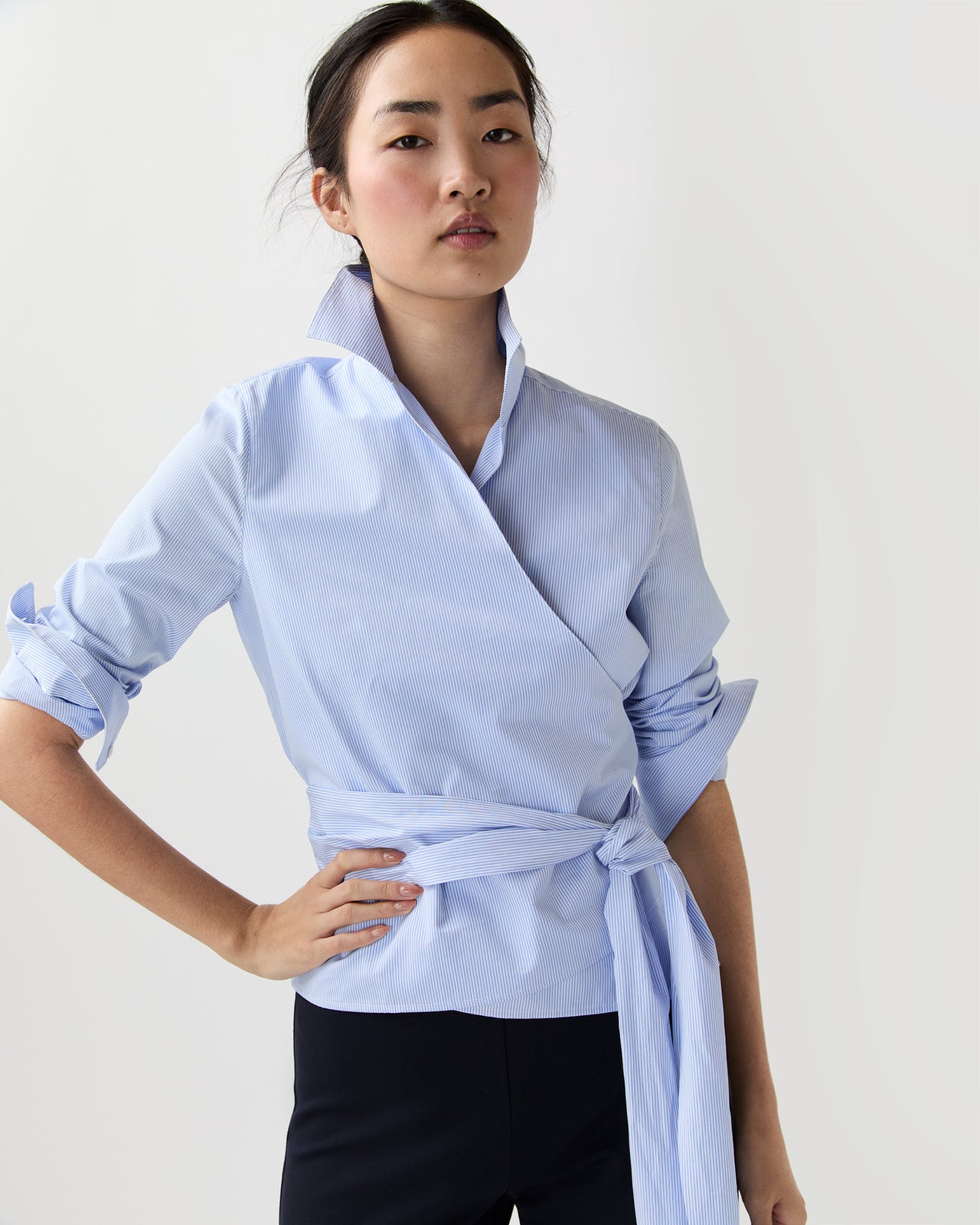 Hilary Wrap Top in Sky Small Bengal Stripe Poplin