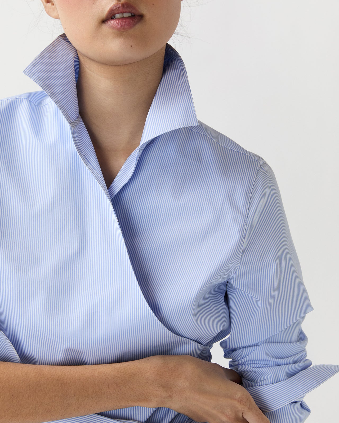 Hilary Wrap Top in Sky Small Bengal Stripe Poplin