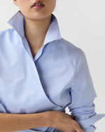 Load image into Gallery viewer, Hilary Wrap Top in Sky Small Bengal Stripe Poplin
