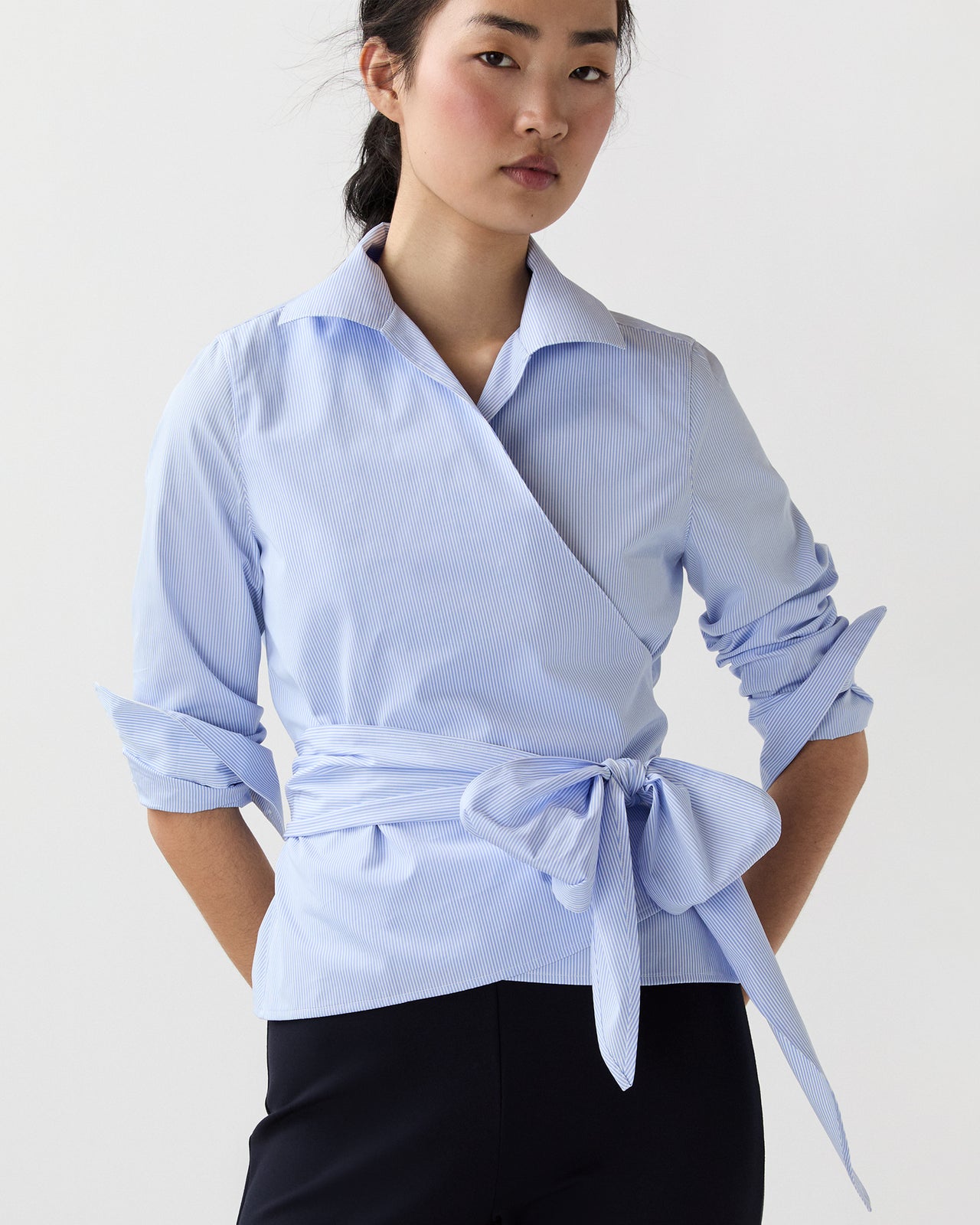 Hilary Wrap Top in Sky Small Bengal Stripe Poplin
