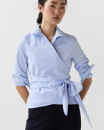 Load image into Gallery viewer, Hilary Wrap Top in Sky Small Bengal Stripe Poplin
