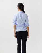 Load image into Gallery viewer, Hilary Wrap Top in Sky Small Bengal Stripe Poplin
