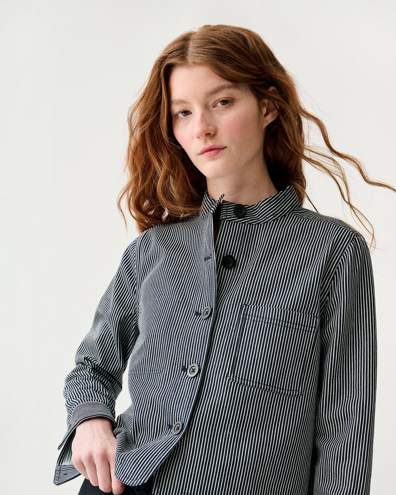 Short Chore Jacket in Indigo Railroad Stripe Denim