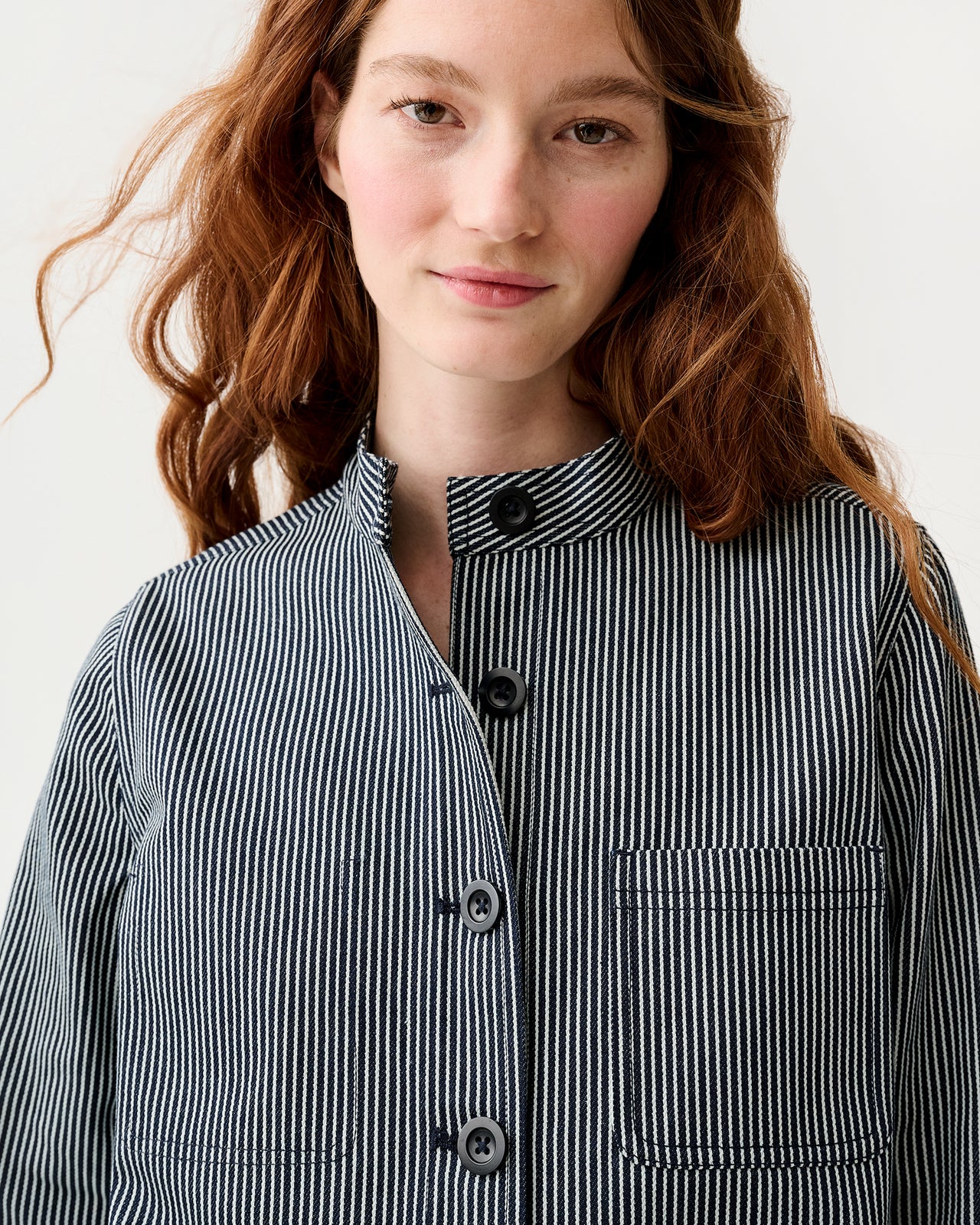 Short Chore Jacket in Indigo Railroad Stripe Denim