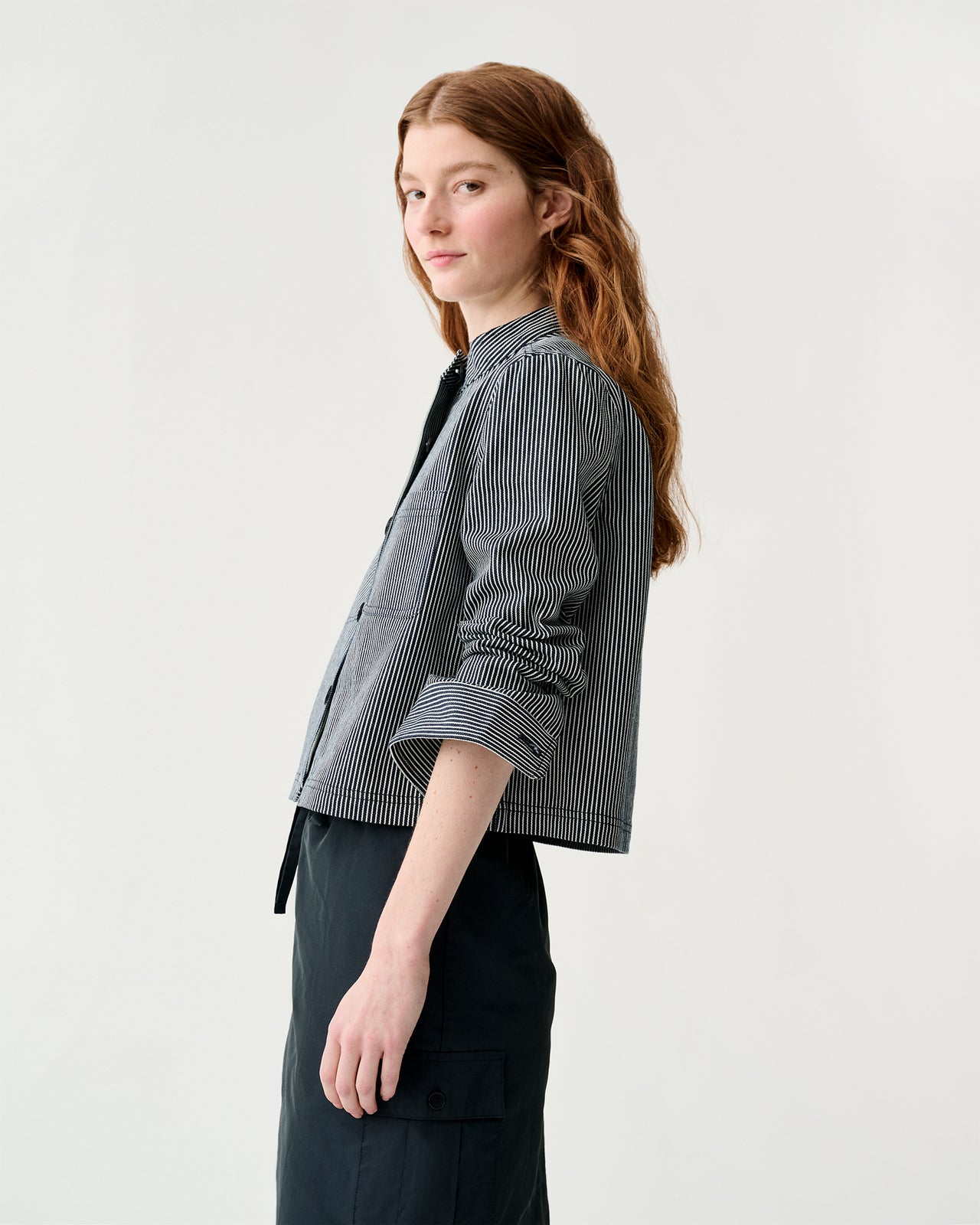 Short Chore Jacket in Indigo Railroad Stripe Denim