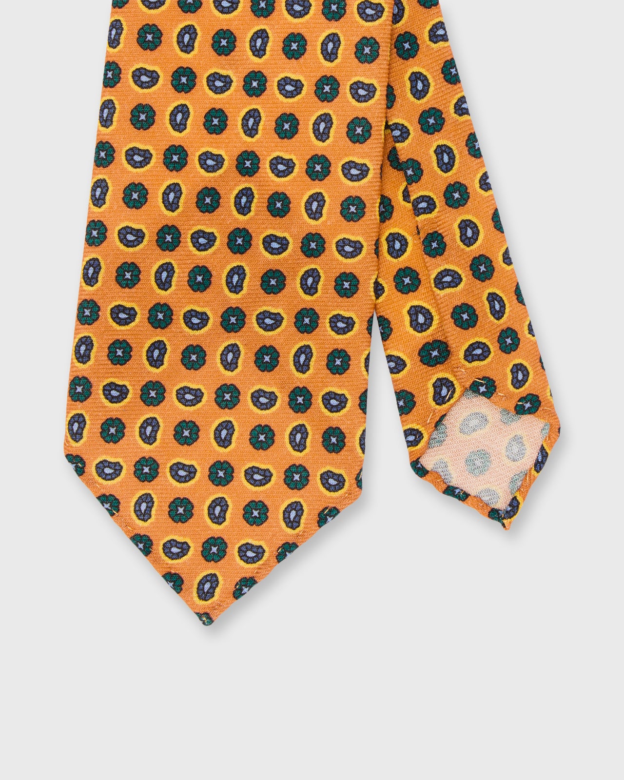 Hand-Rolled Wool Print Tie in Melon/Green/Yellow Paisley