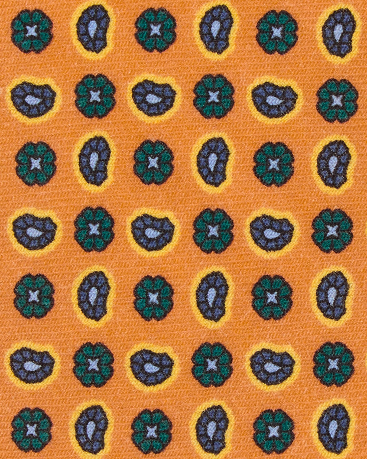 Hand-Rolled Wool Print Tie in Melon/Green/Yellow Paisley