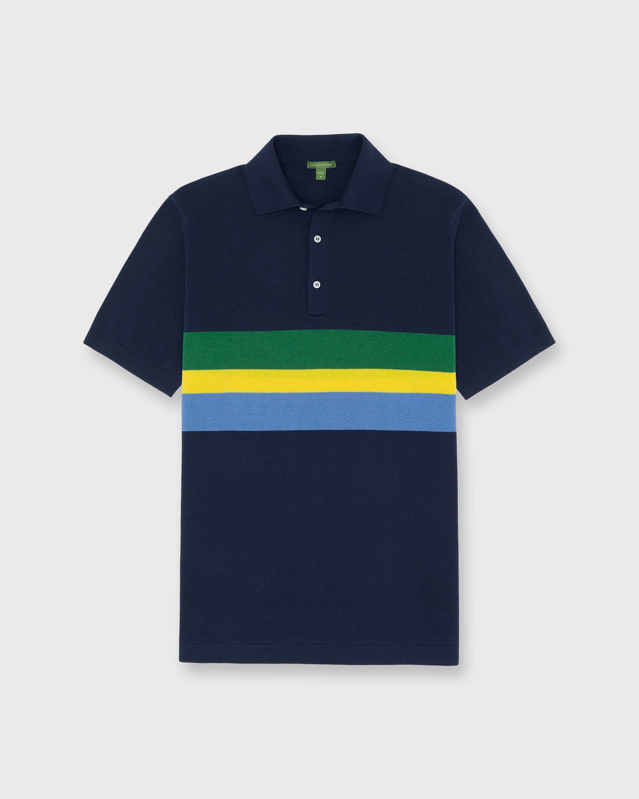 Rally Polo Sweater in Navy/Green/Gold Stripe Cotton