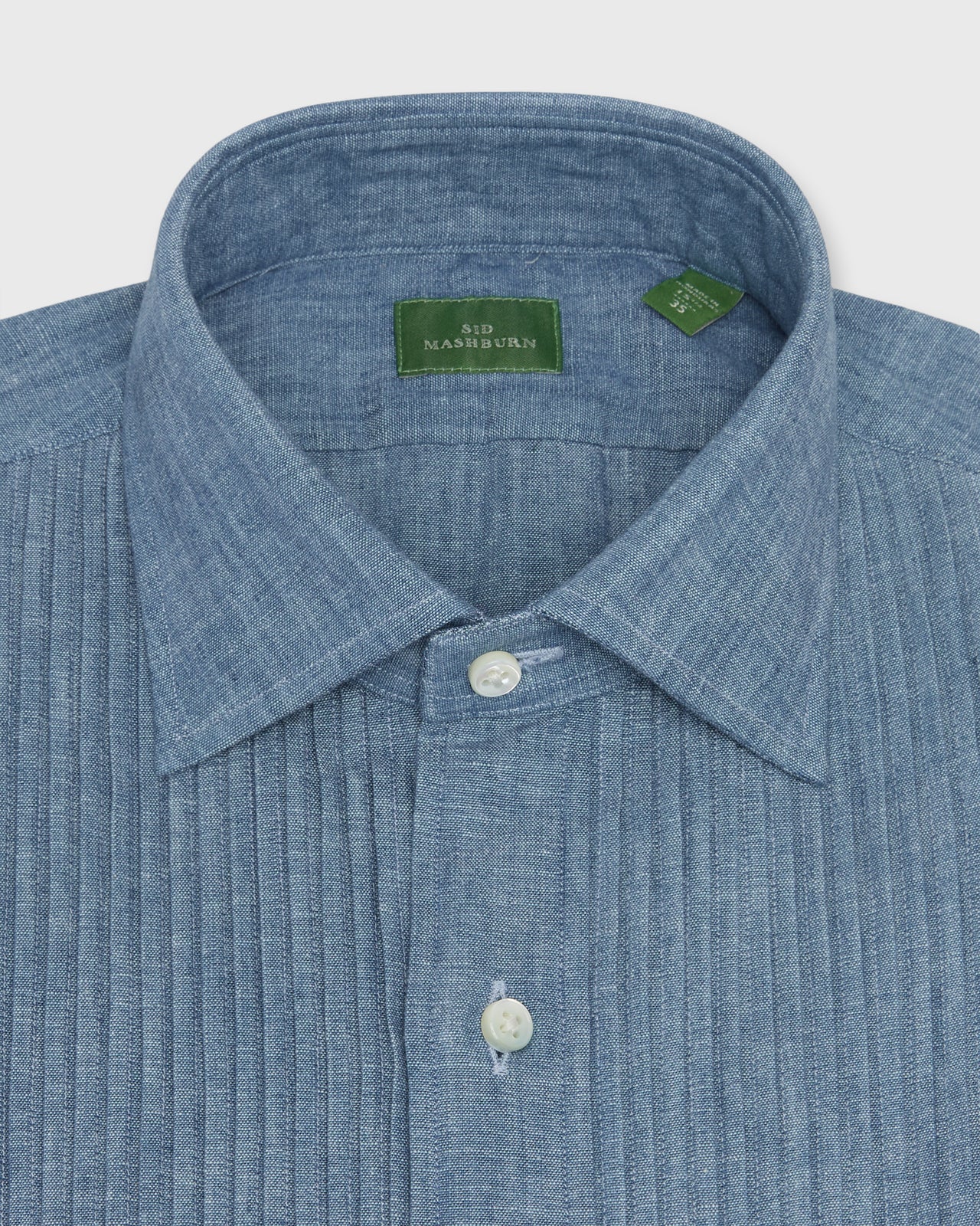 French-Cuff Pleated Bib-Front Tuxedo Shirt in Extra Light Washed Chambray