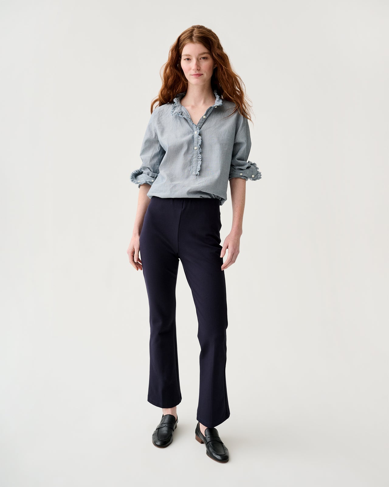 Frill Shirt in Indigo Pinstripe Lightweight Chambray