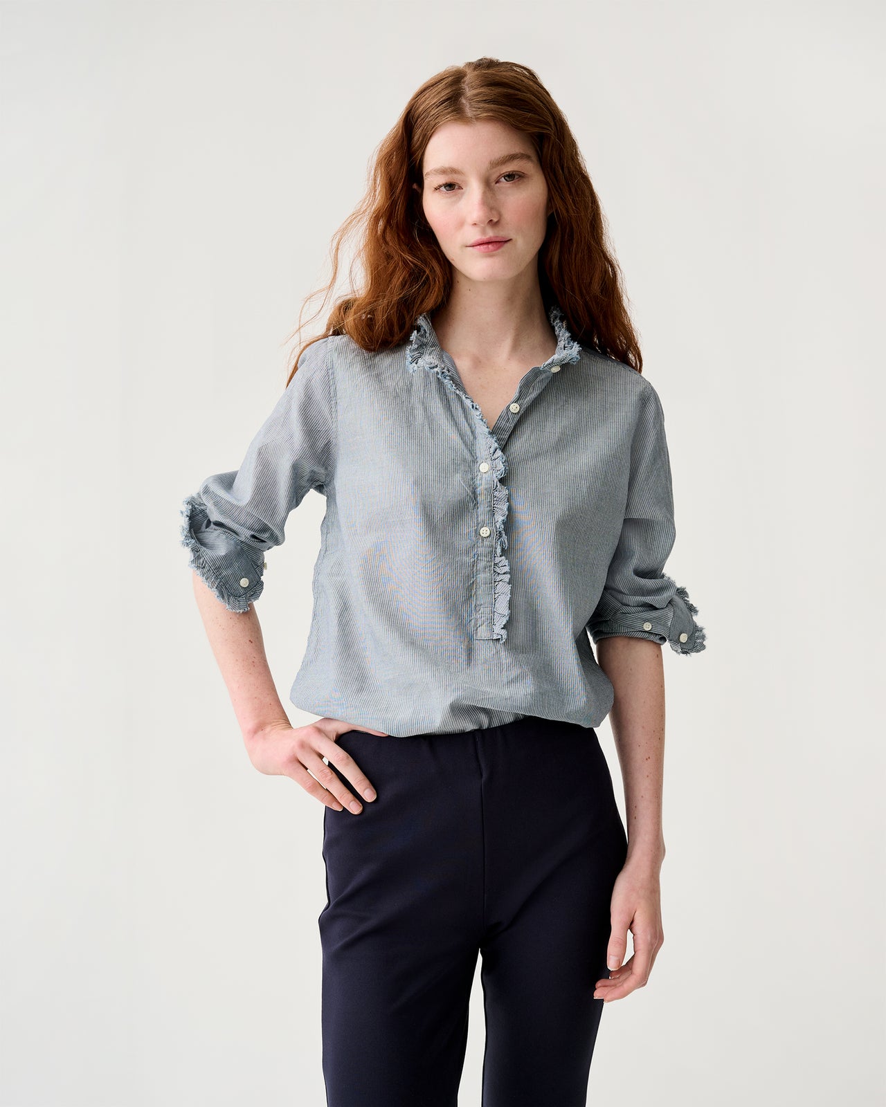 Frill Shirt in Indigo Pinstripe Lightweight Chambray