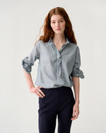 Load image into Gallery viewer, Frill Shirt in Indigo Pinstripe Lightweight Chambray
