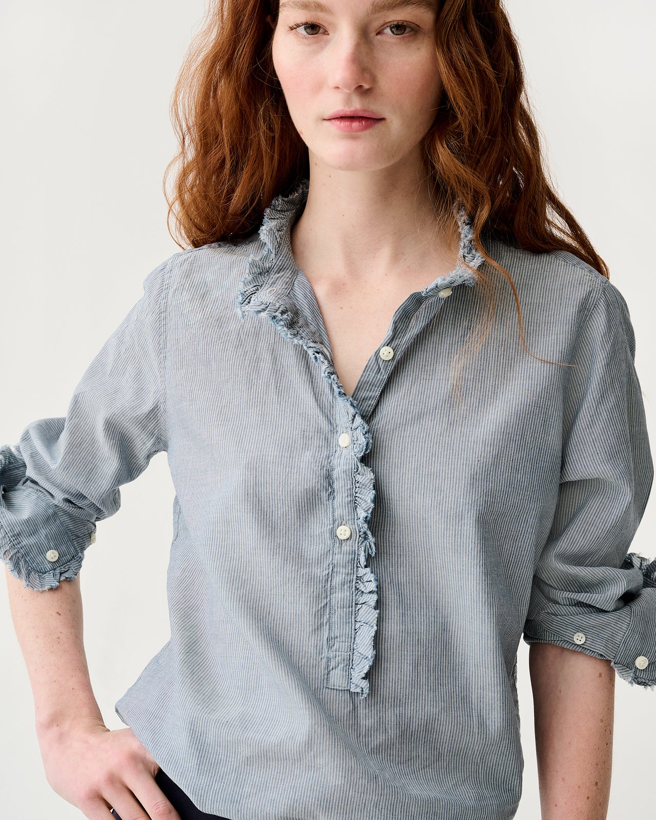 Frill Shirt in Indigo Pinstripe Lightweight Chambray